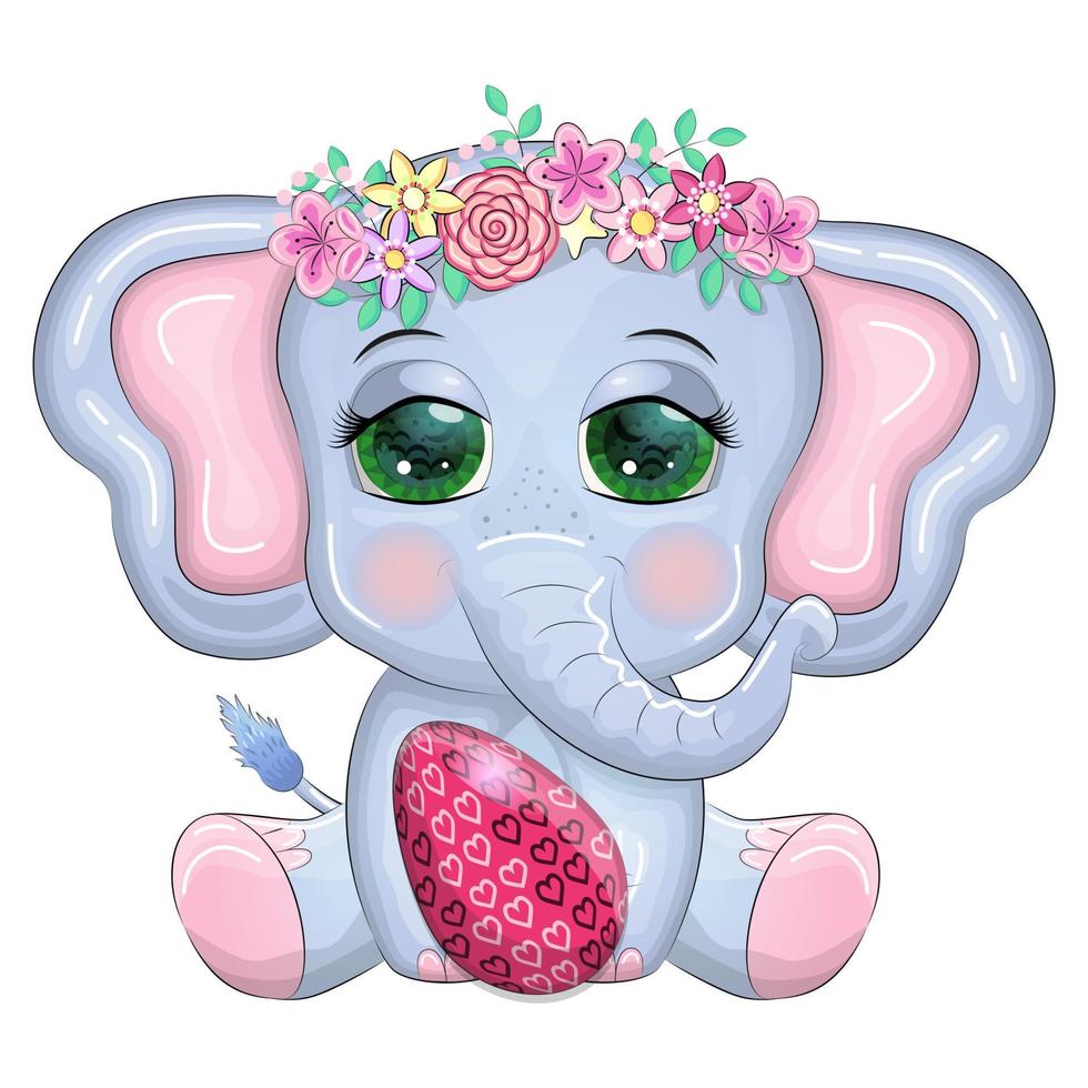 Cute cartoon elephant, childish character with beautiful eyes holding easter egg vector