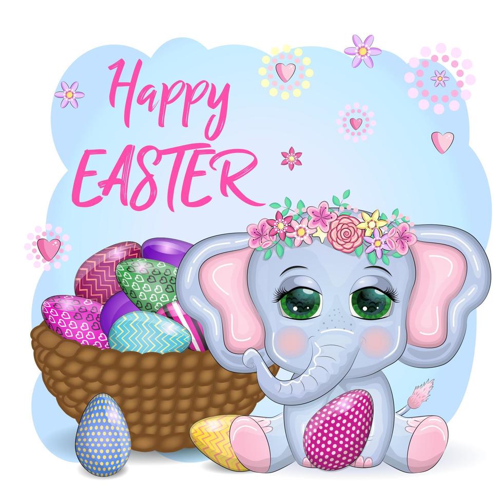 Cute cartoon elephant, childish character with beautiful eyes holding easter egg vector