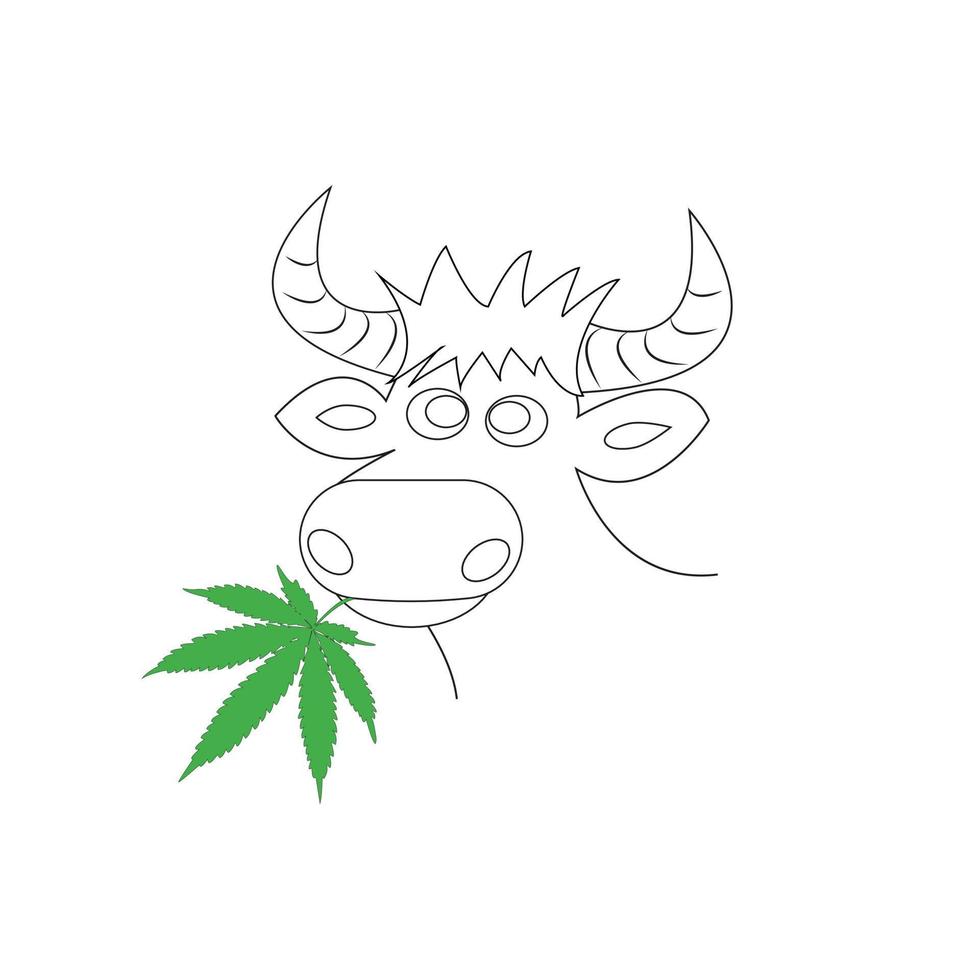 Vector image of a cow's head with horns and a cannabis leaf in its mouth. Flat vector illustration.