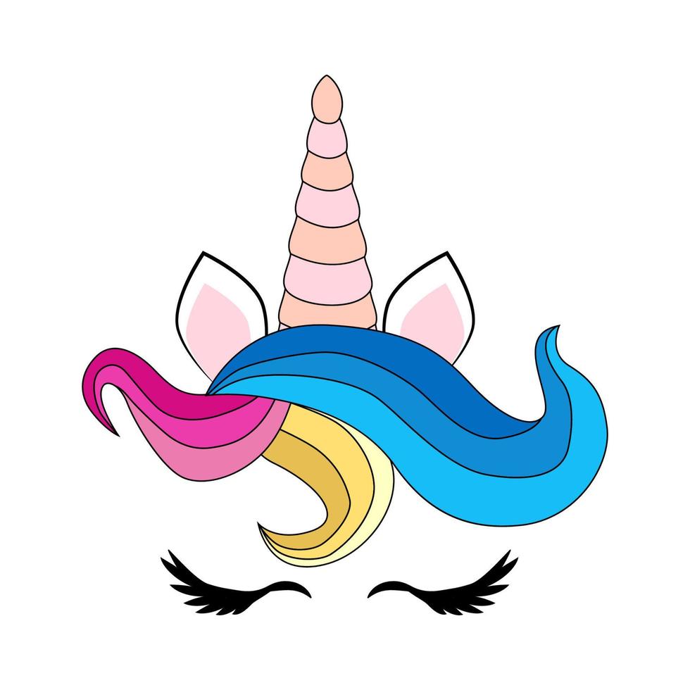 linda unicornio cara con pastel arco iris flores aislado vector