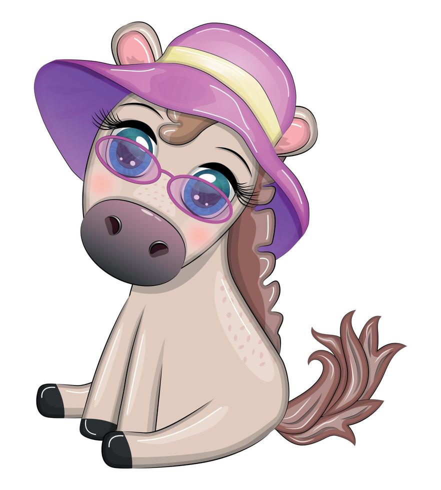 Nice horse, pony in flower wreath, hat, guitar, hula dancer from Hawaii. Summer card for the festival, travel banner vector