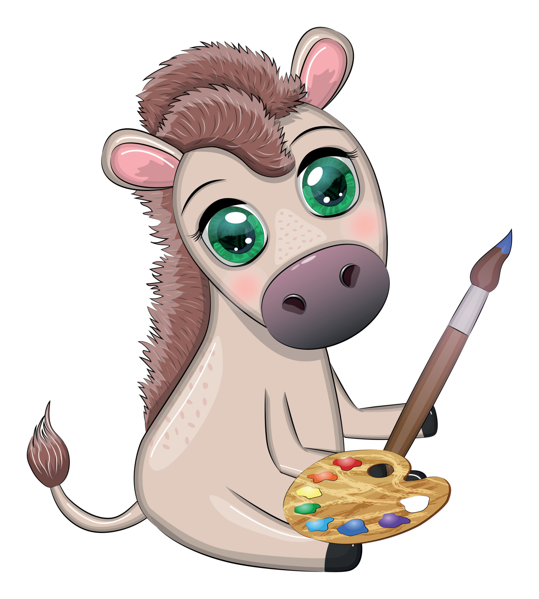 Cute donkey with paint palette and brush, artist character, child