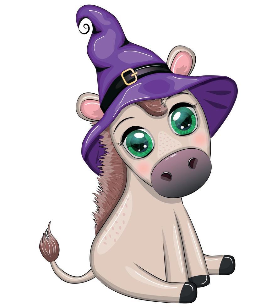 Cute donkey in purple witch hat, with broom, pumpkin, potion. Halloween card for the holiday. vector