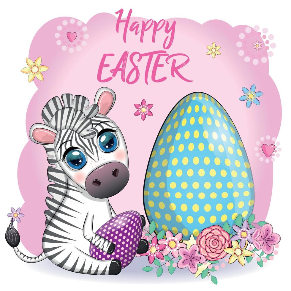 Zebra with Easter egg, flowers. Easter greeting card vector