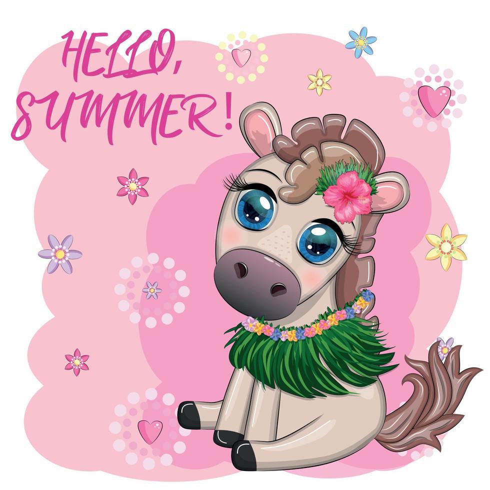 Nice horse, pony in flower wreath, hat, guitar, hula dancer from Hawaii. Summer card for the festival, travel banner vector