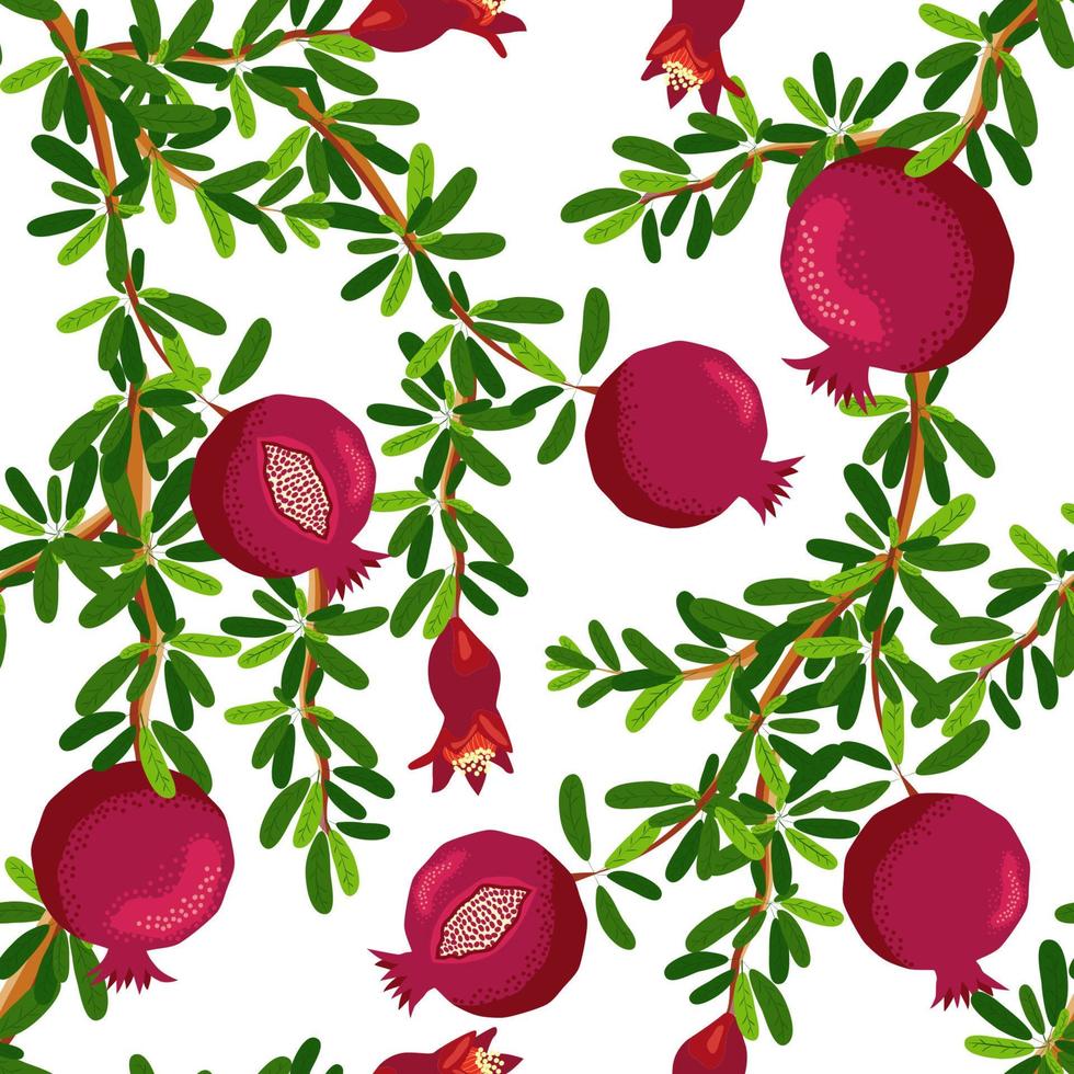 Pomegranate branches with fruits and flowers Seamless pattern. Bright leaves and fruits. Jewish New Year vector
