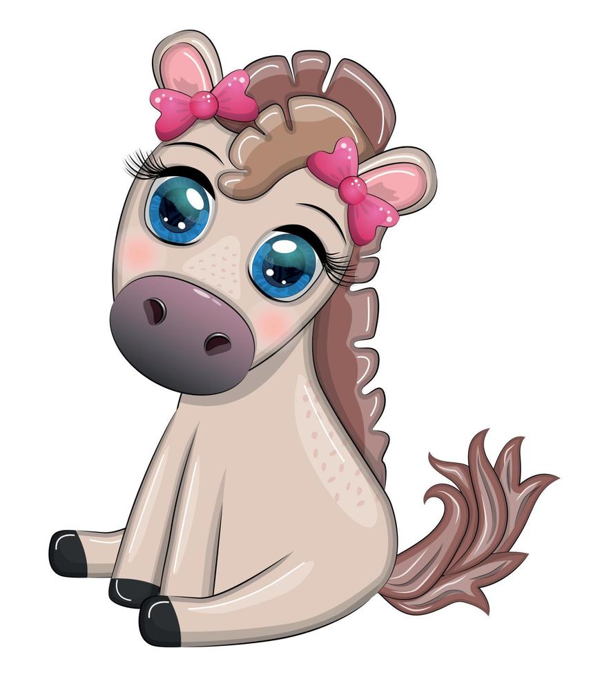 lindo caballo de dibujos animados, pony para tarjeta con flores, globos, corazón vector