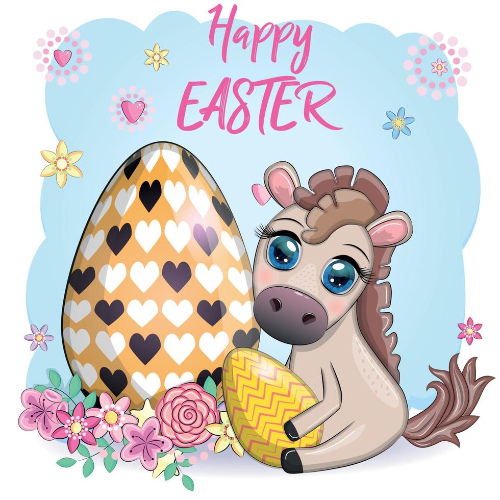 Cute horse with an Easter egg. Easter character and postcard vector