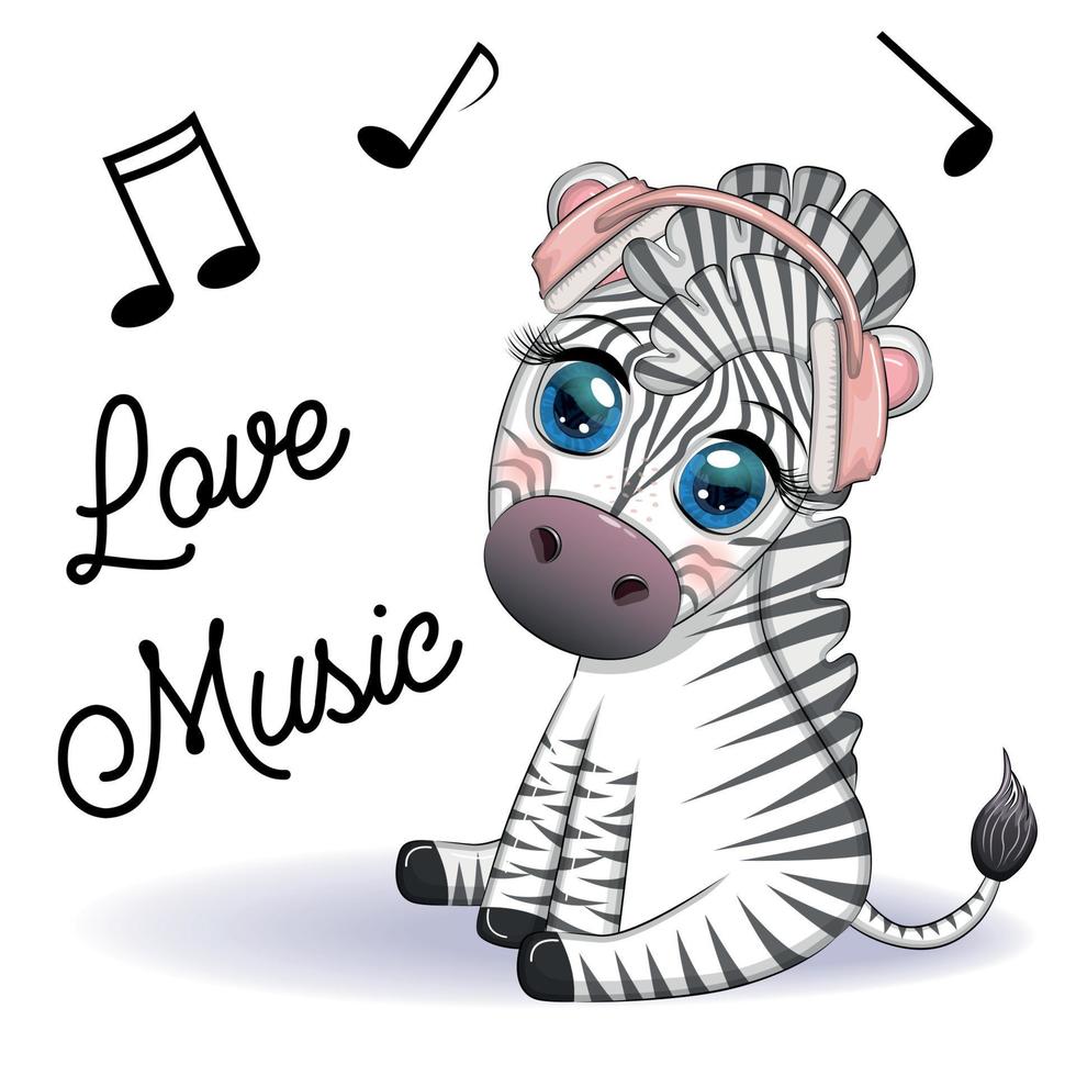 Cute zebra in headphones, love for music. Notes and treble clefs vector