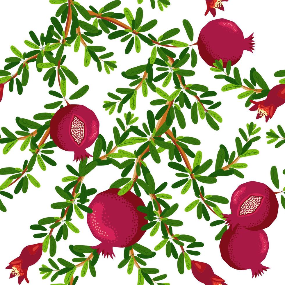 Pomegranate branches with fruits and flowers Seamless pattern. Bright leaves and fruits. Jewish New Year vector