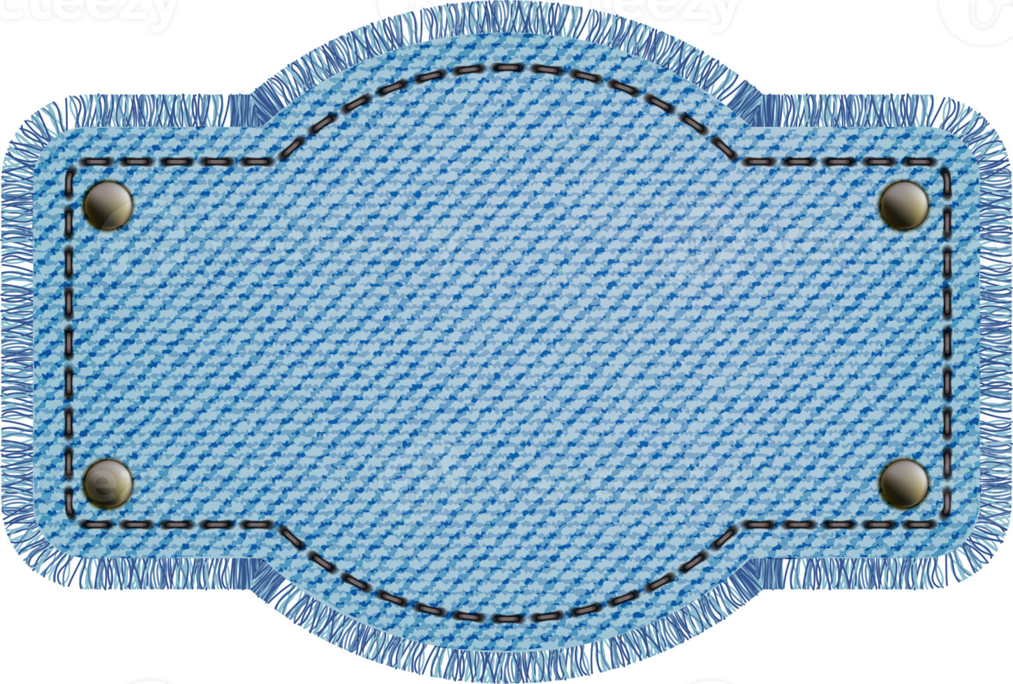 Blue denim patch with stitch, rivets and fringe. Light blue denim. Vintage patch png