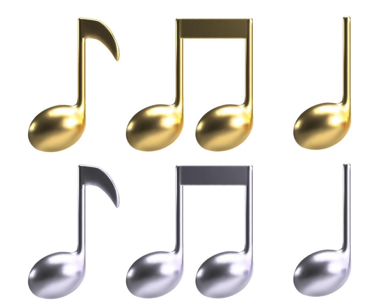 Set of 3d Golden and silver Music Notes Vector isolated on white background illustration
