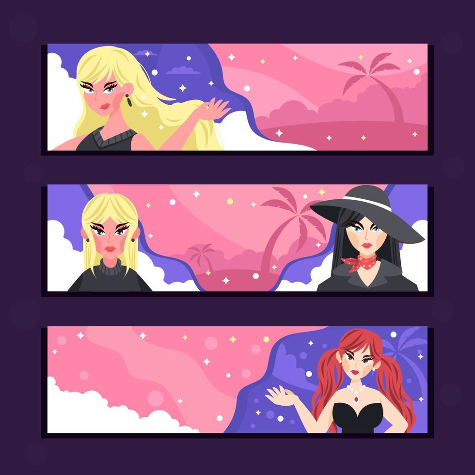 Female Dolls in Fashion Banners Set vector