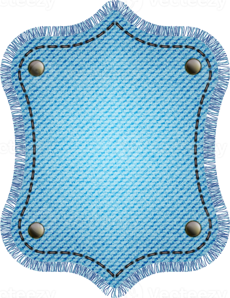 Blue denim patch with stitch, rivets and fringe. Light blue denim. Vintage patch png