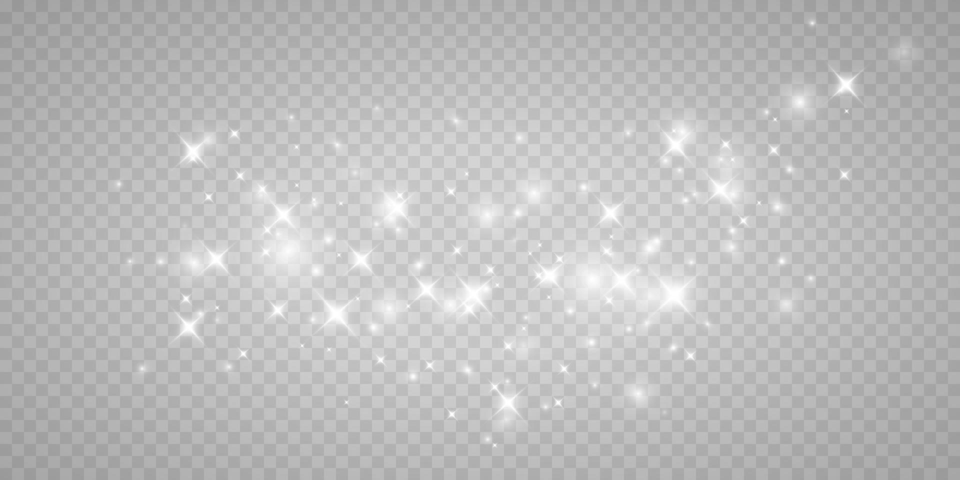 White dust. White sparks and white stars shine with special light. Vector sparkles on transparent background. Christmas light effect. Sparkling magical dust particles