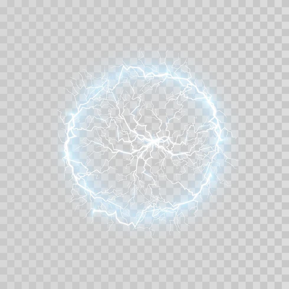 Blue Ball lightning on a transparent background. Vector illustration, abstract electric lightning strike in the dark blue sky. Light flash, thunder, spark.