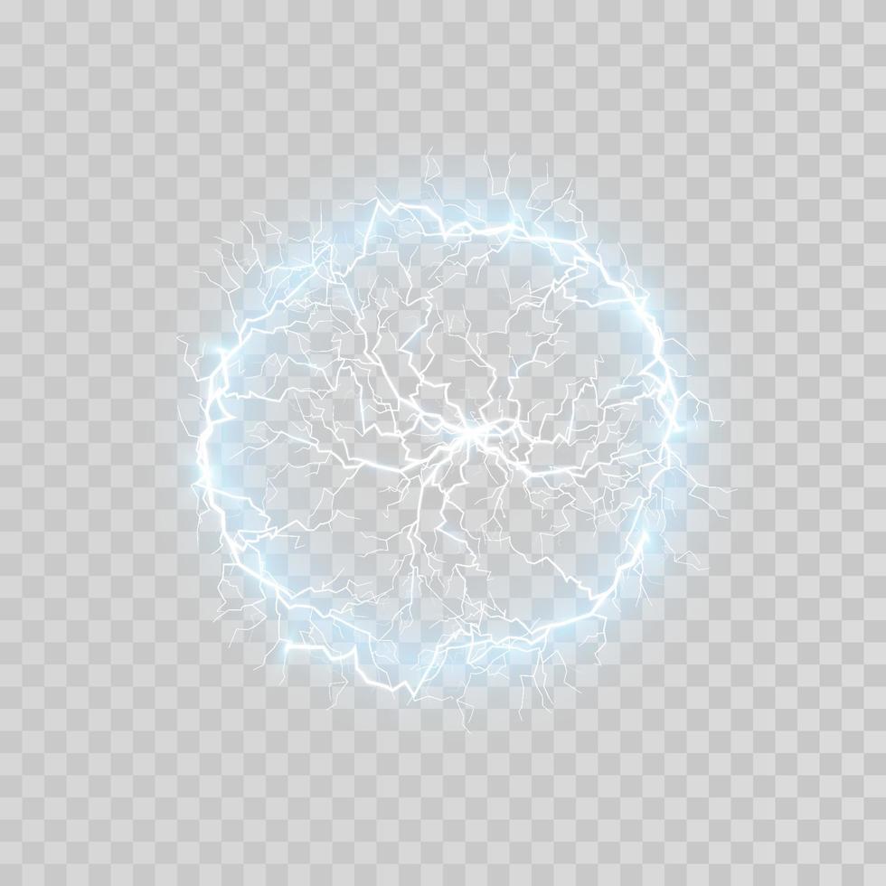 Blue Ball lightning on a transparent background. Vector illustration, abstract electric lightning strike in the dark blue sky. Light flash, thunder, spark.