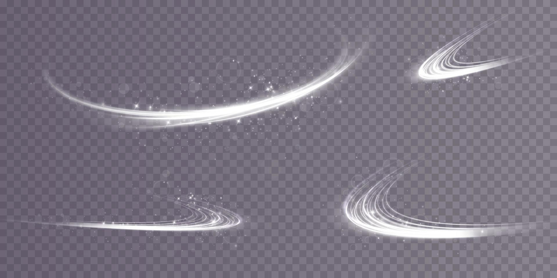 Abstract white light lines of movement and speed with white color glitters. Light everyday glowing effect. semicircular wave, light trail curve swirl vector