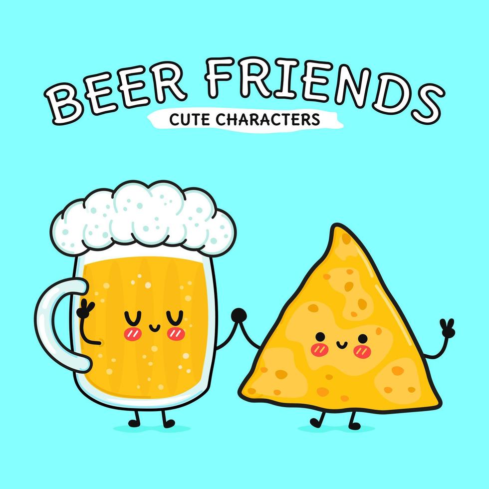 Cute, funny happy glass of beer and nachos. Vector hand drawn cartoon kawaii characters, illustration icon. Funny cartoon glass of beer and nachos mascot friends concept