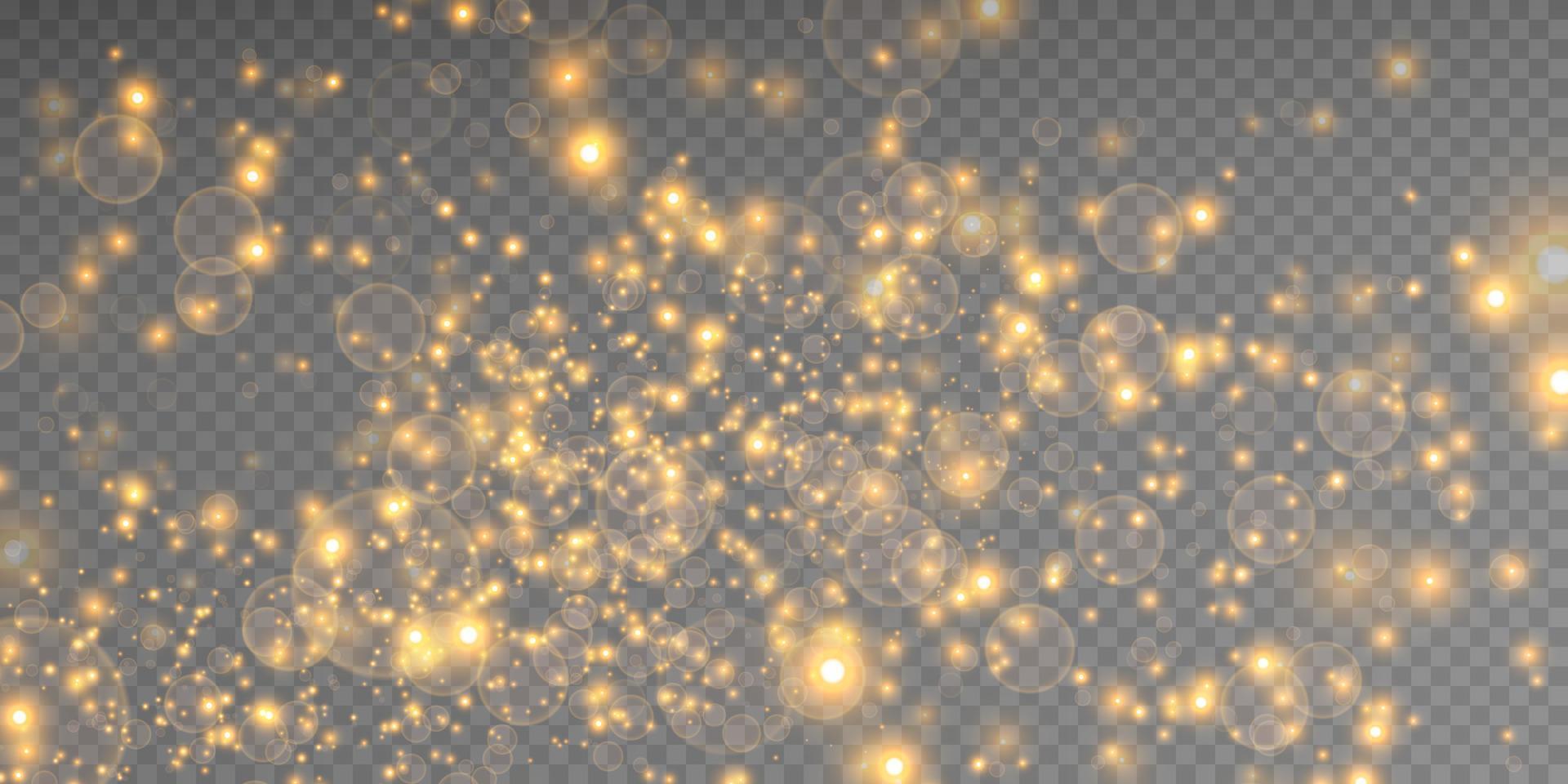 Yellow dust. Yellow sparks and golden stars shine with special light. Vector sparkles on transparent background. Christmas light effect. Sparkling magical dust particles