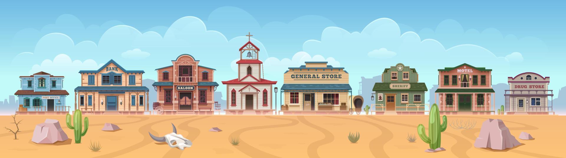 Western wild west town cartoon buildings cityscape vector
