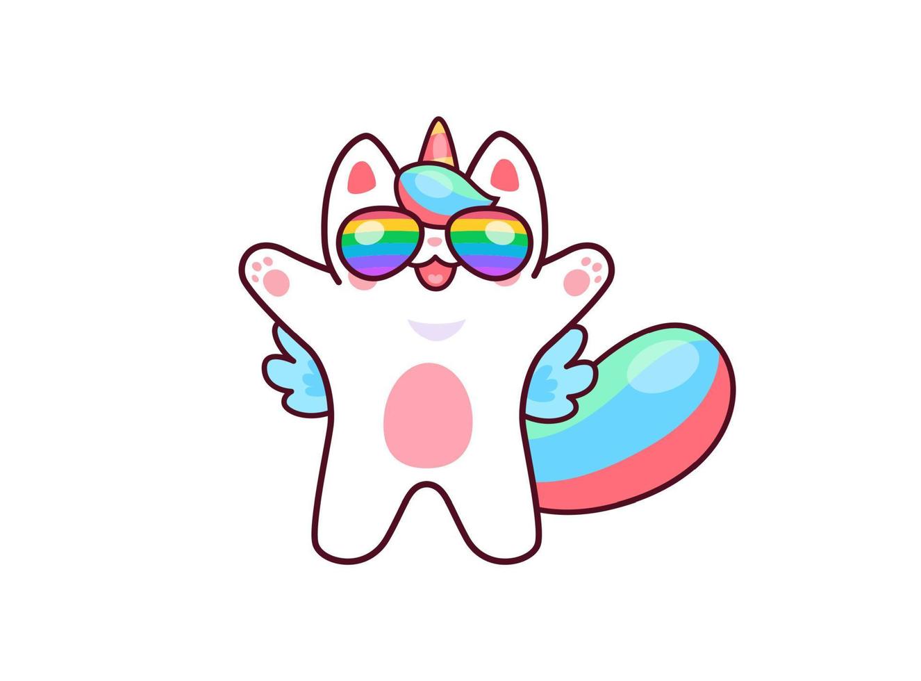 dibujos animados linda kawaii caticorn en arco iris lentes vector