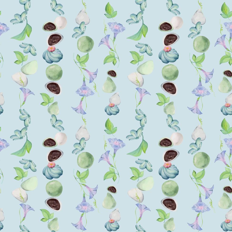 Watercolor seamless pattern with hand drawn traditional Japanese sweets. Wagashi, mochi, summer flowers Isolated on color background. Invitations, restaurant menu, greeting cards, print, textile vector