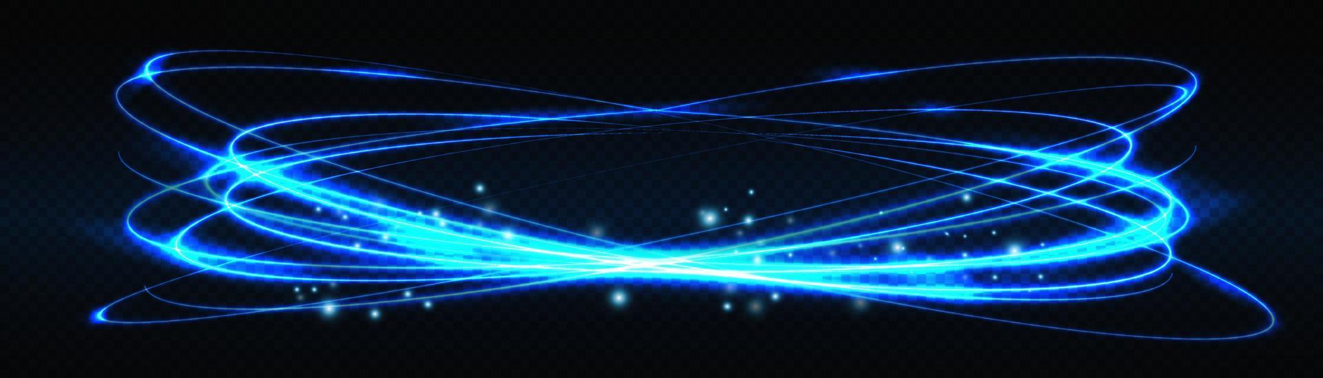 Blue glowing shiny spiral lines effect vector background. EPS10. Abstract light speed motion effect. Shiny wavy trail. Light painting. Light trail.