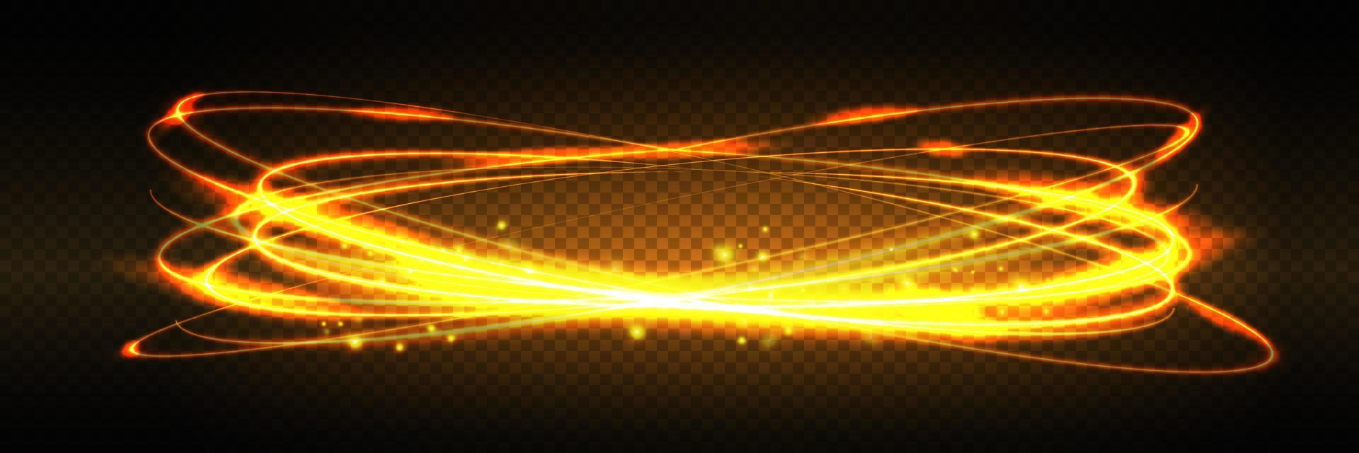 Golden glowing shiny spiral lines effect vector background. EPS10. Abstract light speed motion effect. Shiny wavy trail. Light painting. Light trail