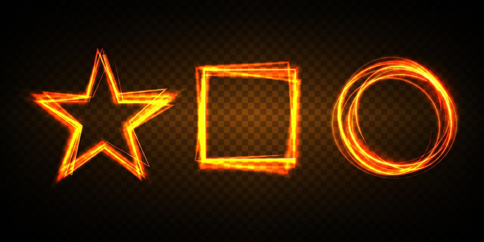 Transparent light effect circle, square, star lens. Abstract sparkling sparkle. elliptical border. Radiant shock. Rotational glow line. Energy element of force. Glowing ring trail. Round shiny frame. vector