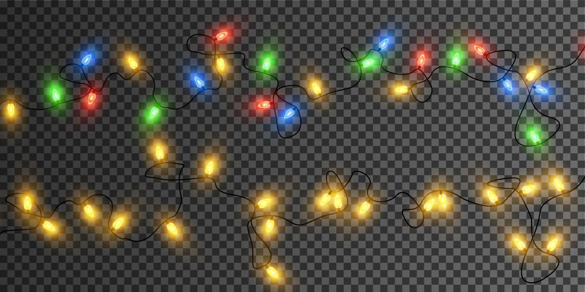 Christmas lights. Colorful Christmas garlands. Vector red, yellow, blue and green glow light bulbs on wires isolated.