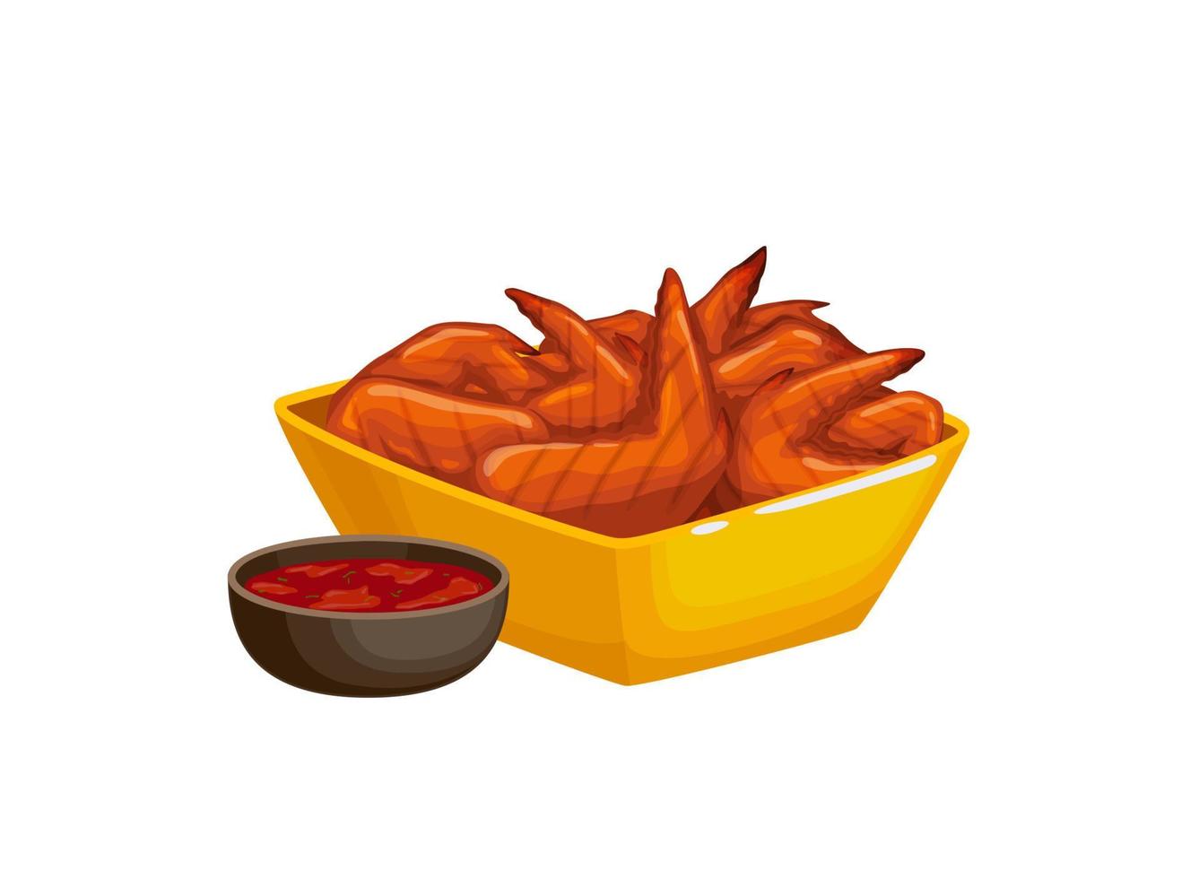 Cartoon bowl of chicken wings and spicy sauce vector