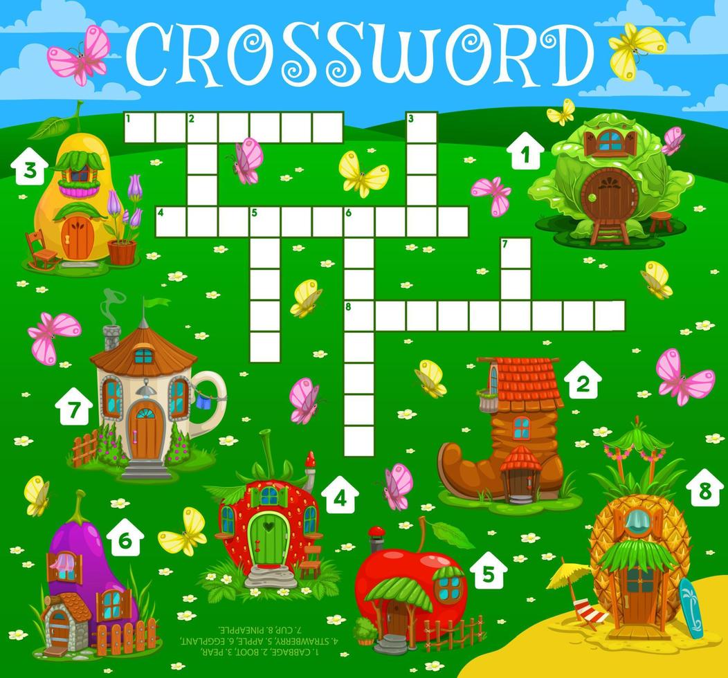 Crossword quiz game grid, fairytale magic houses vector