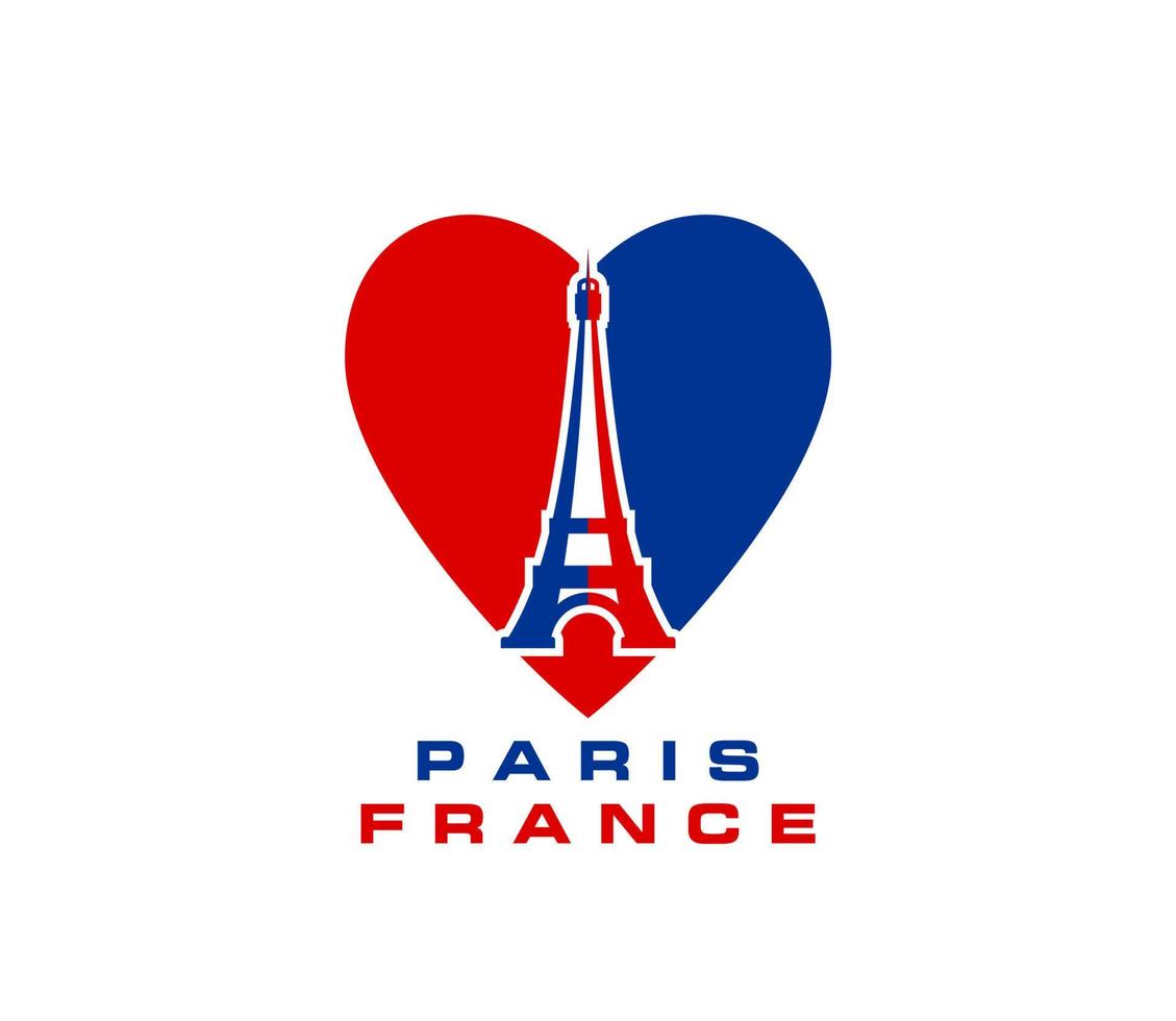 Paris Eiffel tower and heart of France flag, icon vector