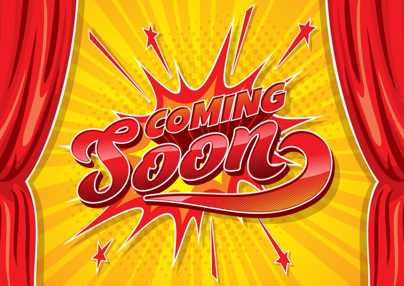 Coming soon cartoon banner with stage red curtains vector