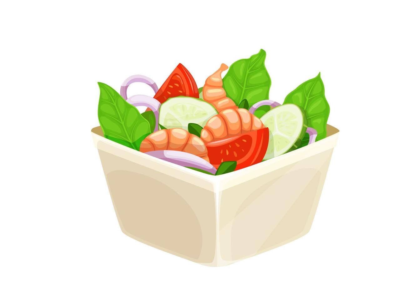 Cartoon salad with shrimps, dish with prawns vector