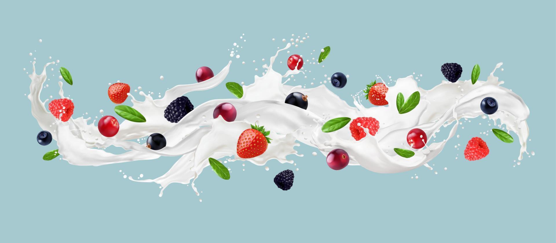 Leche ola chapoteo con Fresco bayas y frutas vector