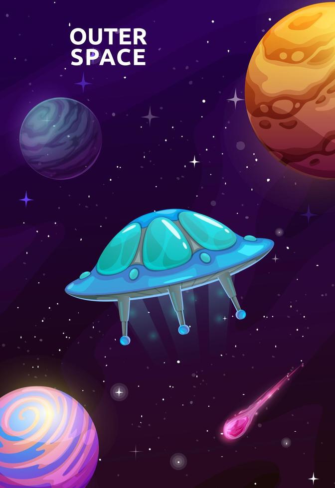 Cartoon UFO in starry galaxy space, alien planets vector