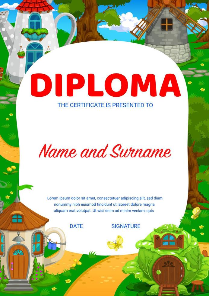 Kids diploma cartoon fairytale house buildings vector
