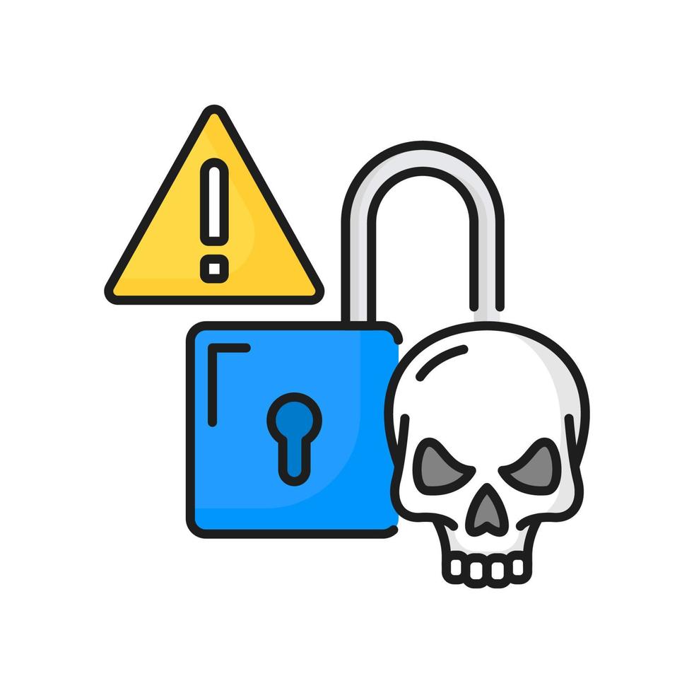 Lock and skull attention alert color line icon vector