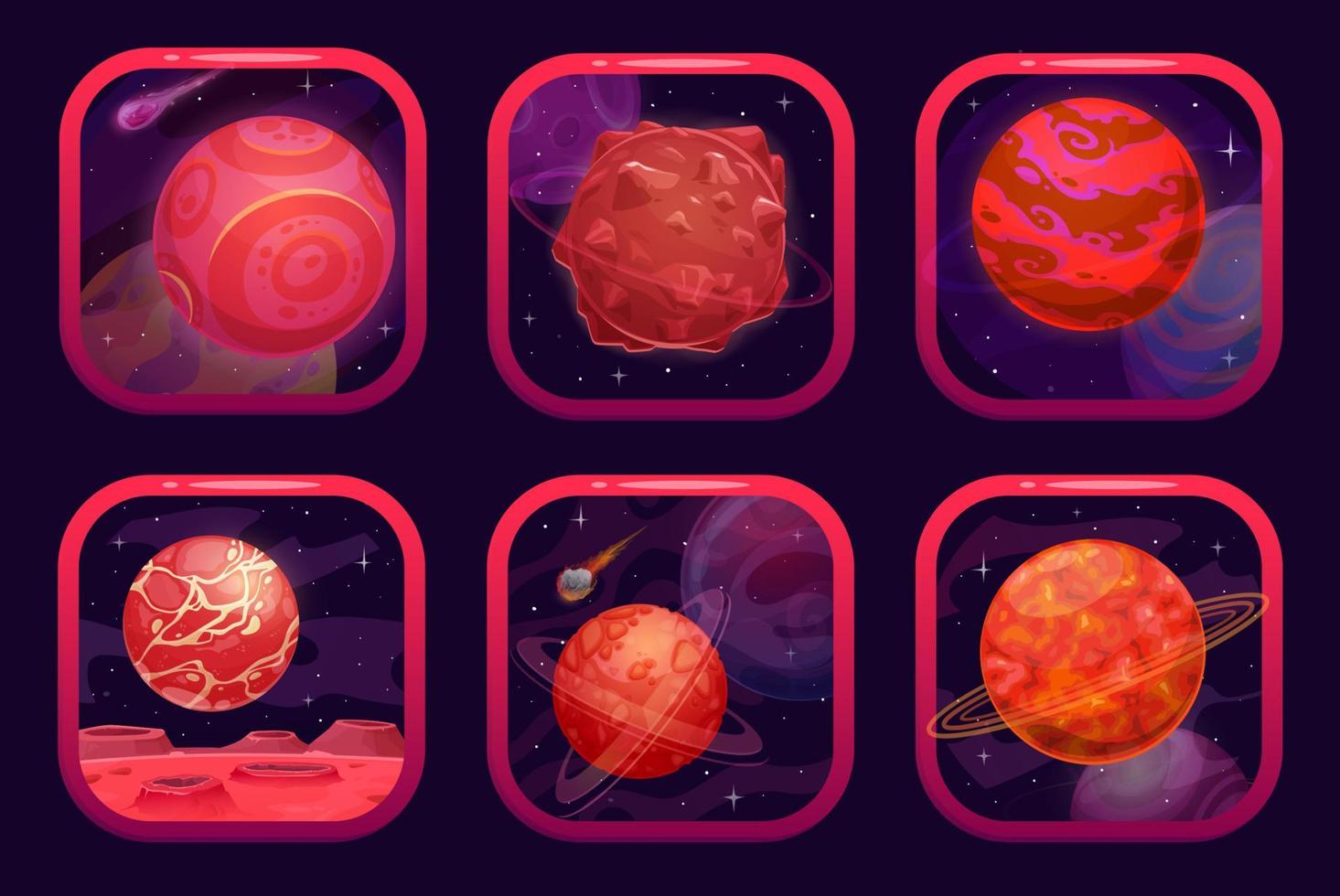 espacio juego aplicación íconos con galaxia rojo planetas vector