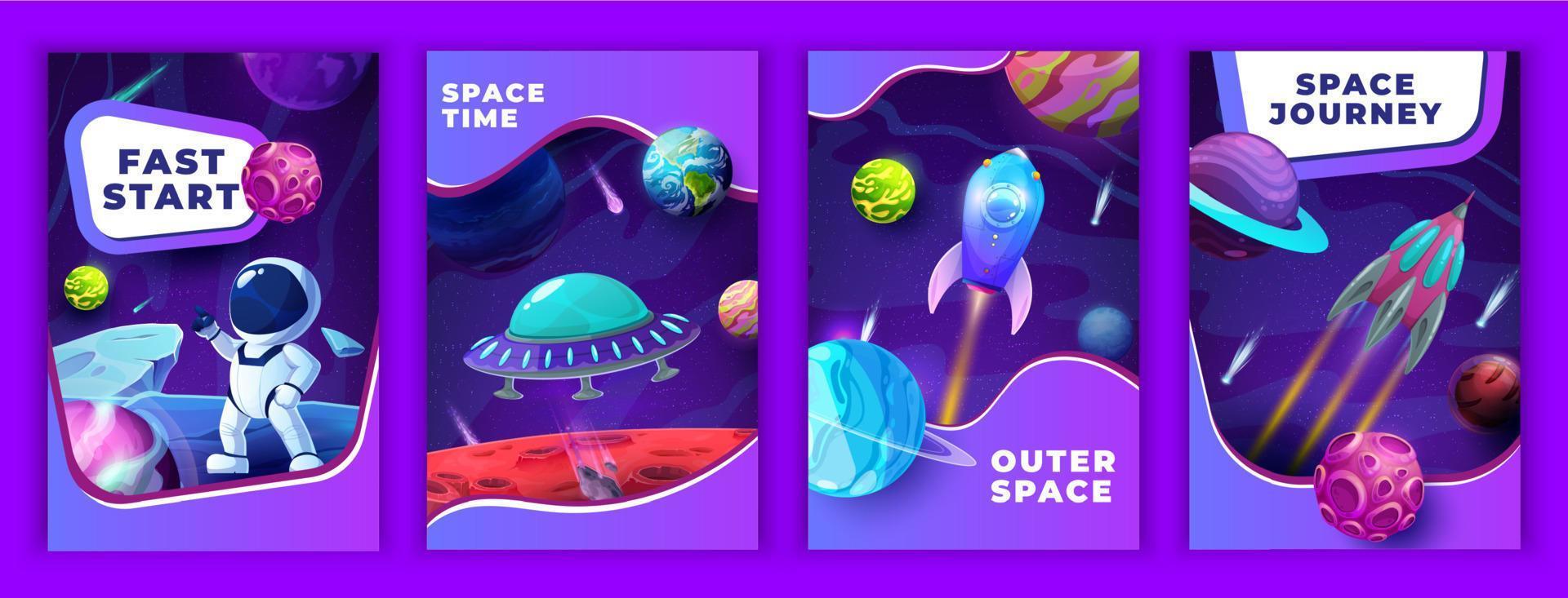 Cartoon space posters, galaxy rockets, astronaut vector
