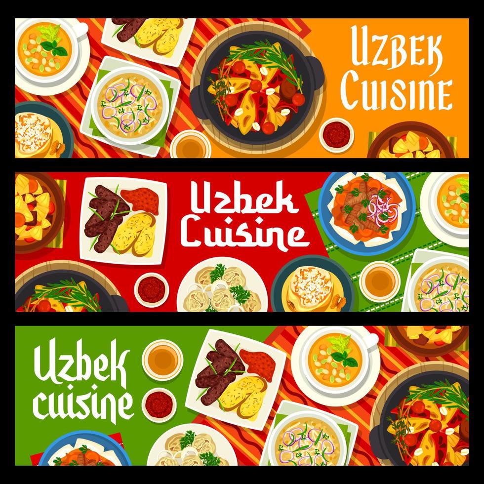 uzbeko cocina comidas pancartas, comida de Uzbekistán vector