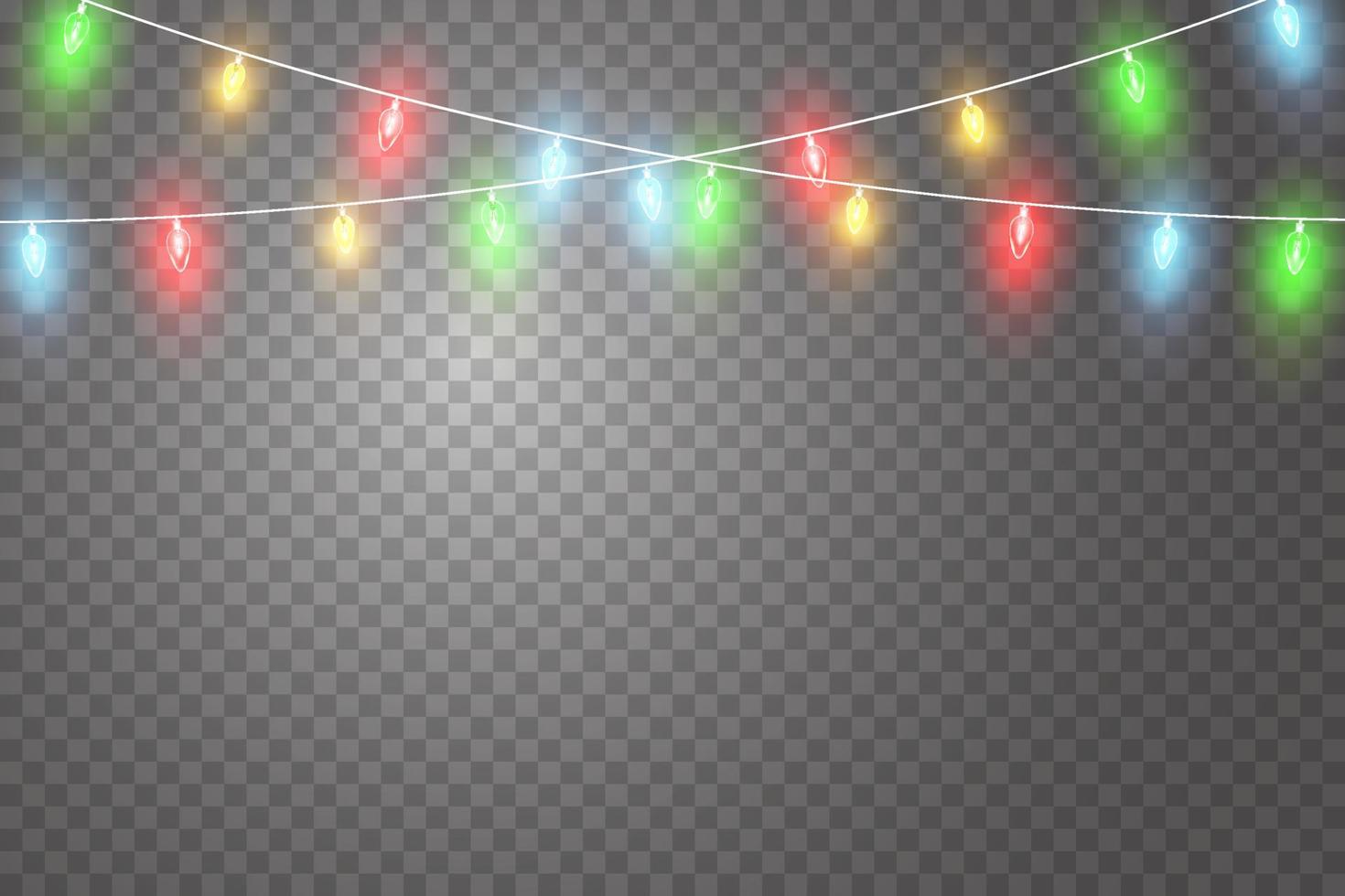 Christmas lights. Colorful Christmas garlands. Vector red, yellow, blue and green glow light bulbs on wires isolated.