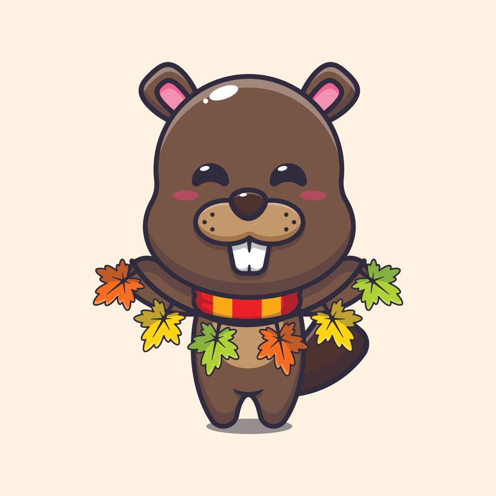 Cute beaver with autumn leaf decoration. vector