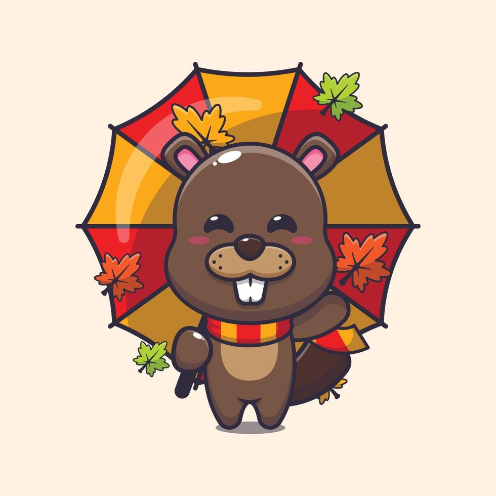 Cute beaver with umbrella at autumn season. vector