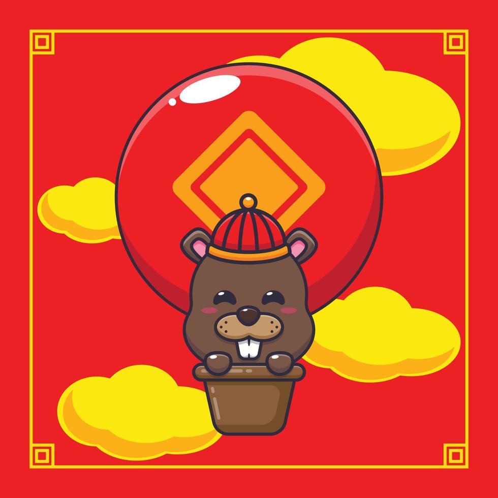 Cute beaver fly with air balloon in chinese new year. vector