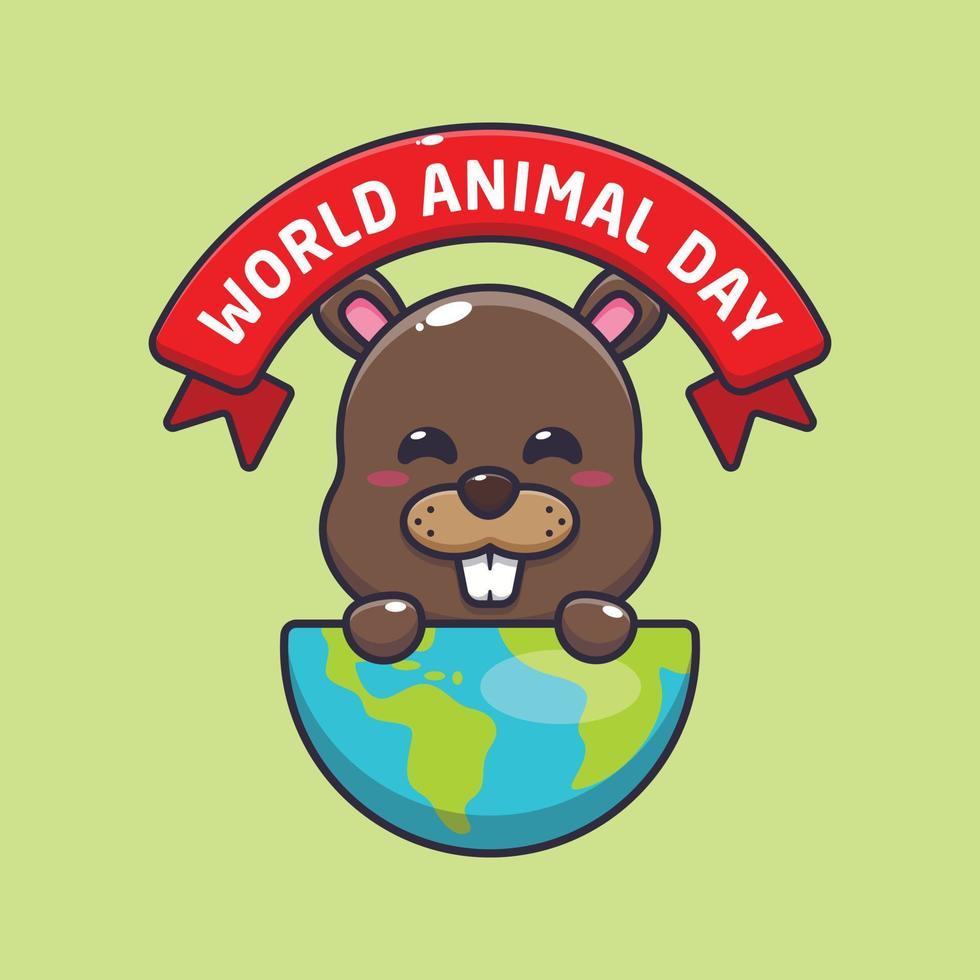 Cute beaver in world animal day cartoon vector illustration.