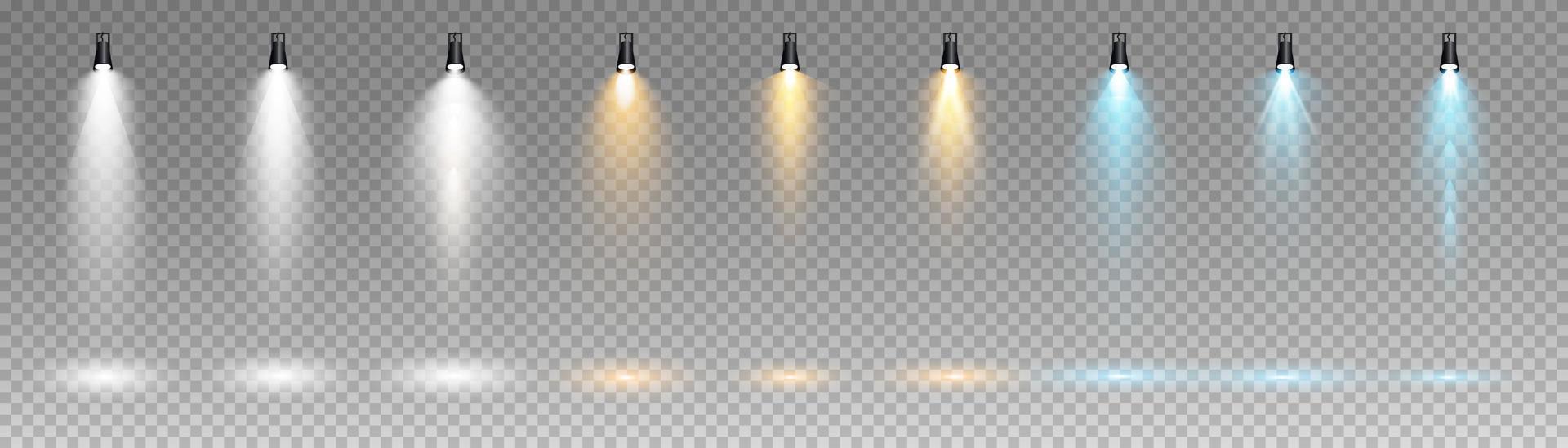 Set of colored spotlights on transparent background. Bright lighting with spotlights. Spotlight white, blue, yellow. vector