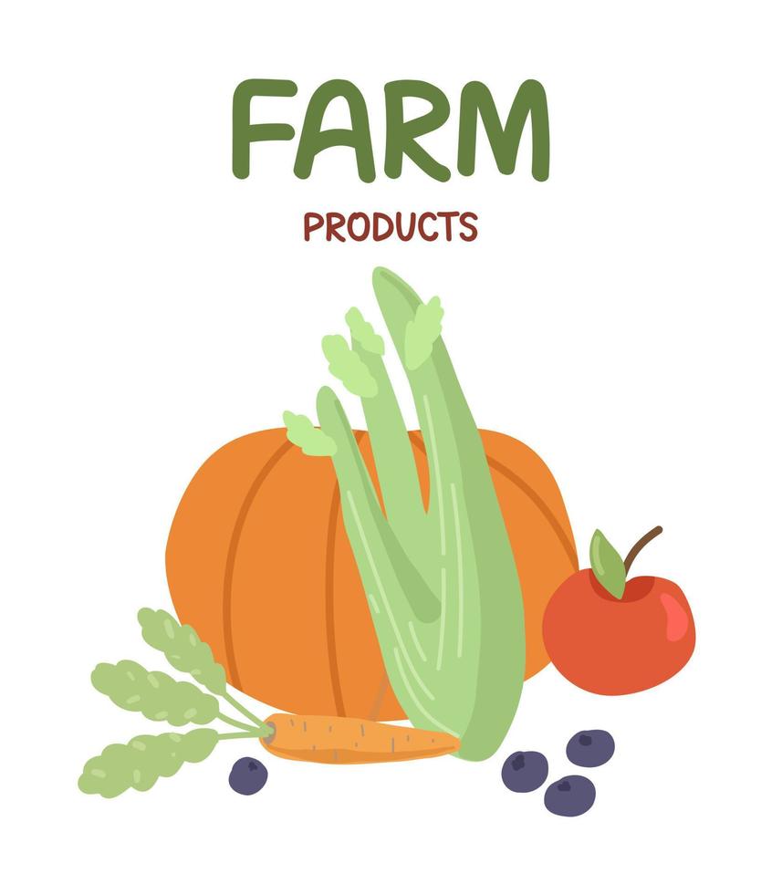 Farm products illustration set. Natural products pumpkin, celery, apple, carrot, berries vector